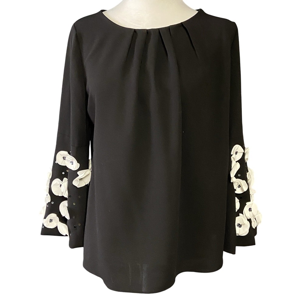 Alfani Blouse Womens Petite S Black Beaded Floral Bell Sleeve Embellished Top